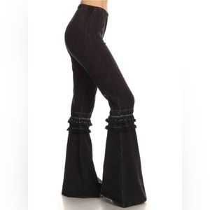 Chatoyant Women’s Black Mineral Washed Bell Bottoms with Fringed Crochet Lace M